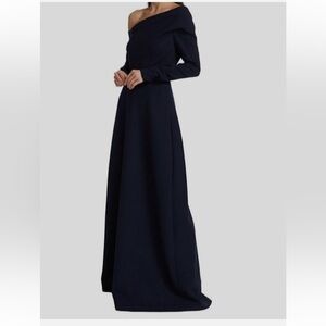 Lela Rose Women Blue Draped Long-Sleeve Wool Off-the Shoulder Dress